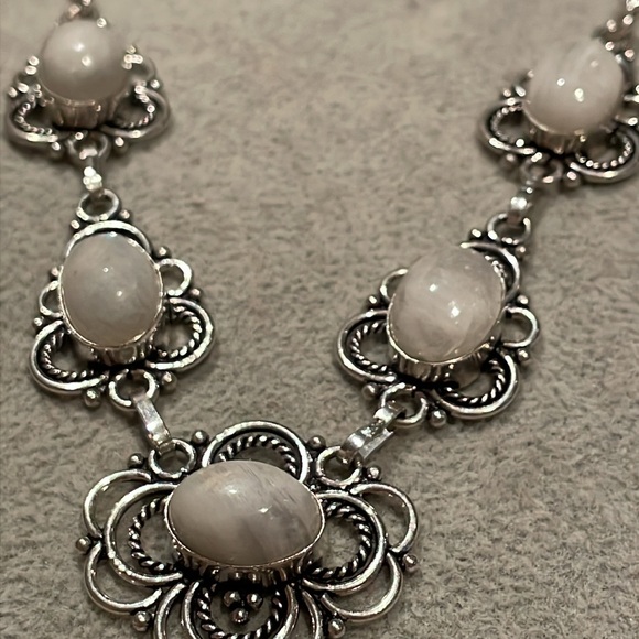 Moonstone Necklace Floral Drop Design Silver Scroll 6 Moonstones V Drop - Picture 10 of 12